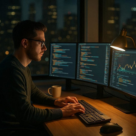 Side view of young caucasian man in eyeglasses working on computer at night