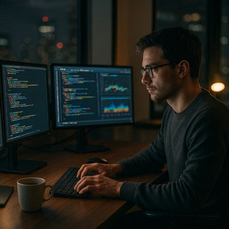 Side view of concentrated programmer working on desktop computer at night in dark office
