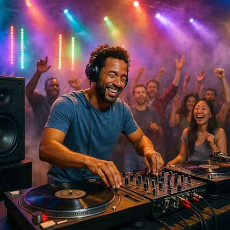 Cheerful african american dj playing music on turntable in nightclub