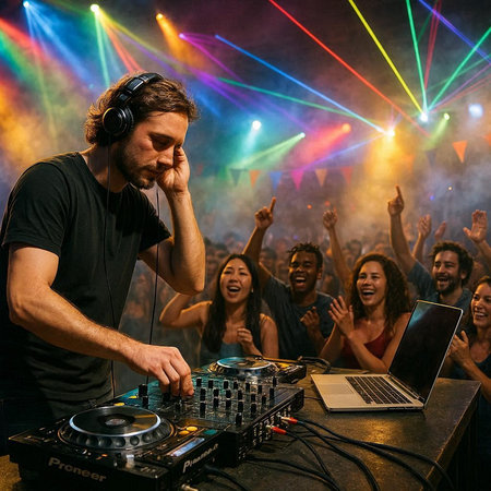 Young man in headphones playing music on a mixer at a nightclub.