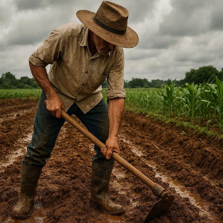 Farmer working on the field with a shovel in his hand.