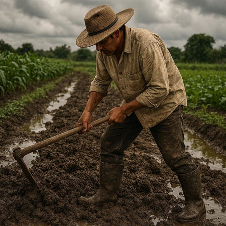 Farmer working on the field with a hoe in his hand
