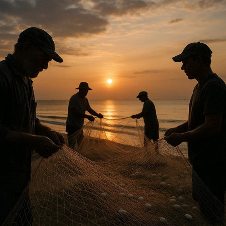 Fishermen casting net on the beach at sunset in Thailand.の写真素材