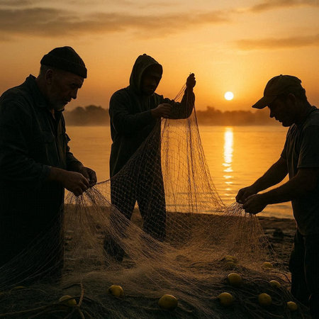 Fishermen with fishing net on the river bank at sunset.