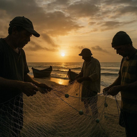 Fishermen with fishing nets on the beach at sunset. Sri Lanka