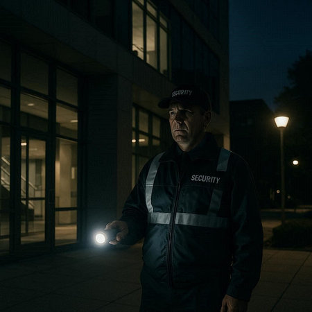 Portrait of a security guard holding a flashlight in front of a building