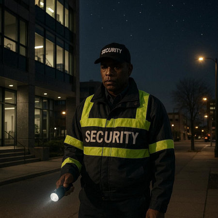 Security guard holding flashlight in front of a building in the city at night