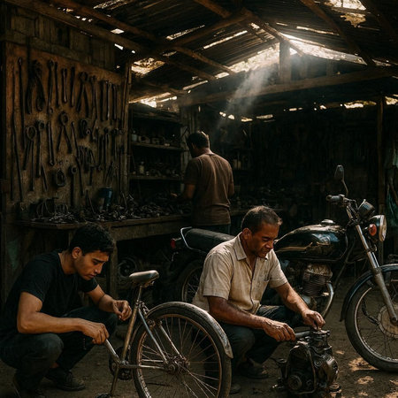 View of unknowns Nepali people repairing a bicycle in the street of Kathmandu in the afternoon