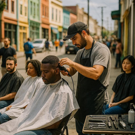 Barber cuts the hair of a young man in a barbershopの写真素材