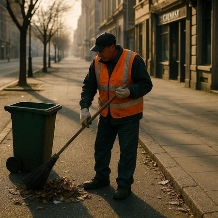 street sweeper cleans the trash in the old town of the city