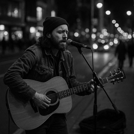 Street musician playing guitar on the street at night. Black and white photo.