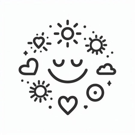 Smiling face with sun, cloud and hearts. Vector illustration.