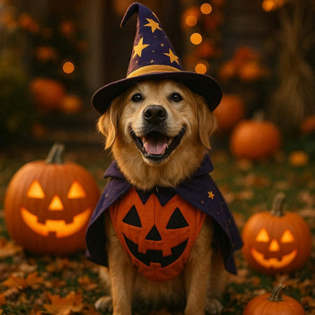 Cute Golden Retriever Dog in Halloween Costume with Pumpkin Jack O'Lantern on the Background