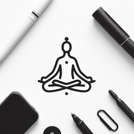 Yoga lotus pose on white paper with black marker and smartphone