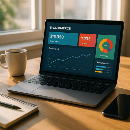 Laptop screen displaying a financial report on a desk with a cup of coffee