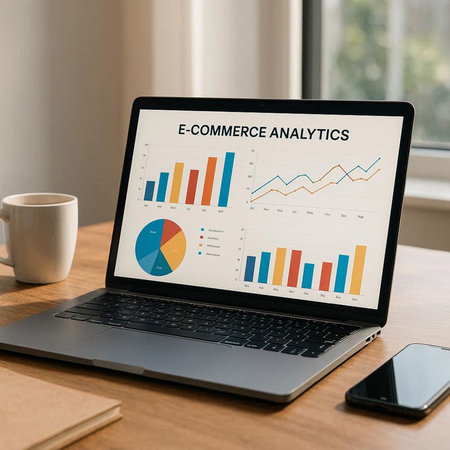 Laptop screen displaying a business analysis concept. All screen graphics are made up.