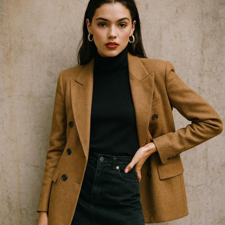 Fashionable young woman in a brown coat on a concrete wall background