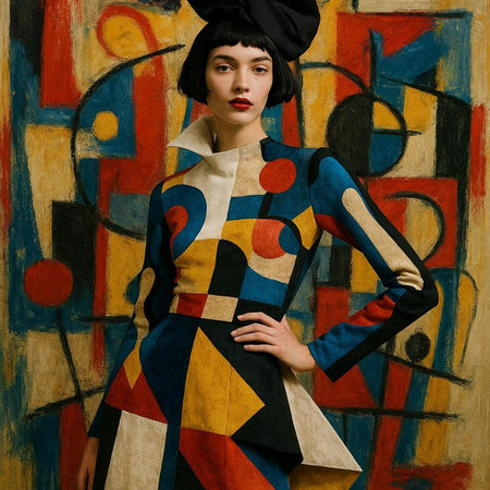 Portrait of a beautiful young woman in a beret and a colorful dress