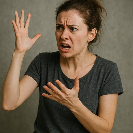 Portrait of a young woman on a gray background, she is angryの写真素材