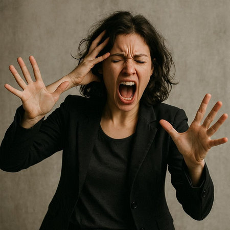 frustrated woman in black jacket screaming, studio shot on gray background
