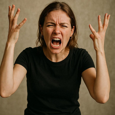 Portrait of angry woman screaming with her hands in the air.
