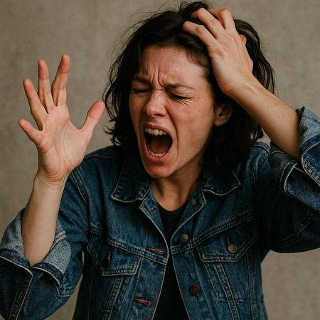 frustrated young woman in jeans jacket screaming and grabbing her head