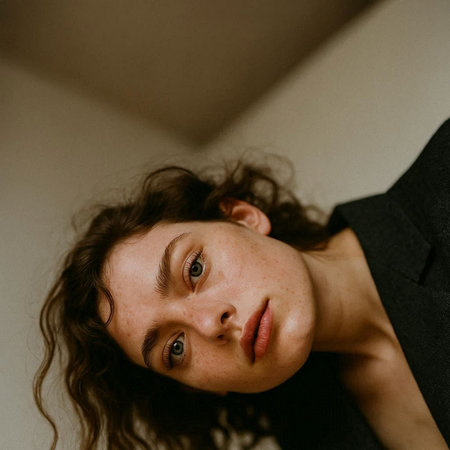 Portrait of a girl with curly hair in a black jacket.