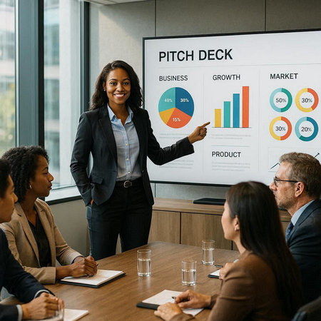 businesswoman pointing at flipchart with chart in boardroom during meeting