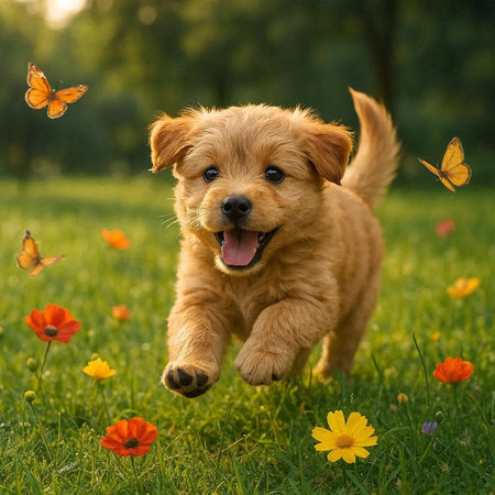 Cute Golden Retriever puppy running in the meadow with flowers