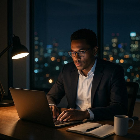 Portrait of young african american businessman working in office at night