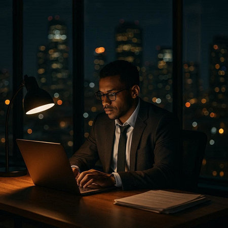 Portrait of handsome African-American businessman working on laptop at night
