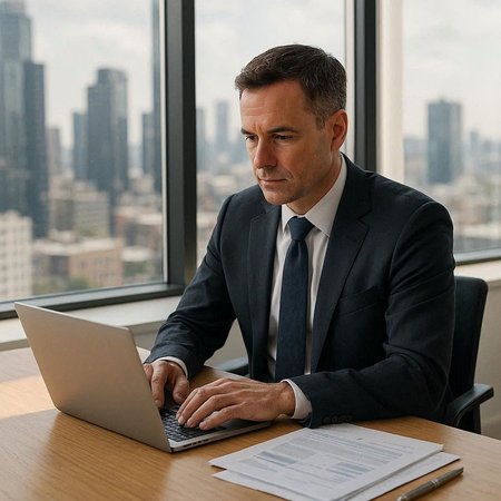Mature businessman working on his laptop in the office with a big city view
