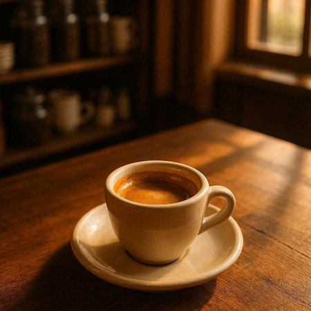Cup of coffee on a wooden table in a cafe. Close-up.