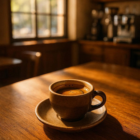 Cup of coffee on a wooden table in a cafe, selective focus
