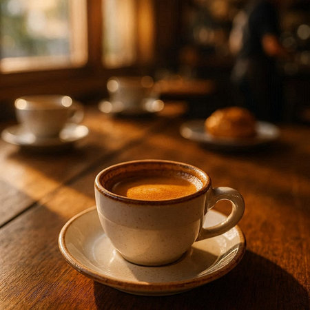 Cup of coffee on a wooden table in a cafe. Coffee break