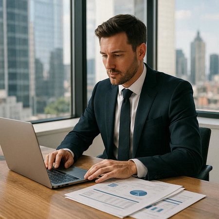 Handsome young businessman working on laptop computer while sitting in office