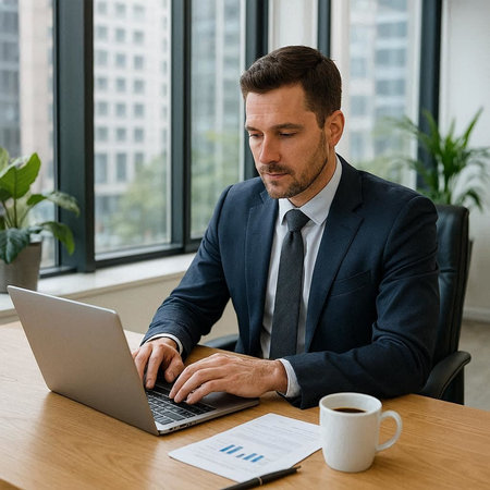 businessman in suit working with laptop in office and holding coffee cup