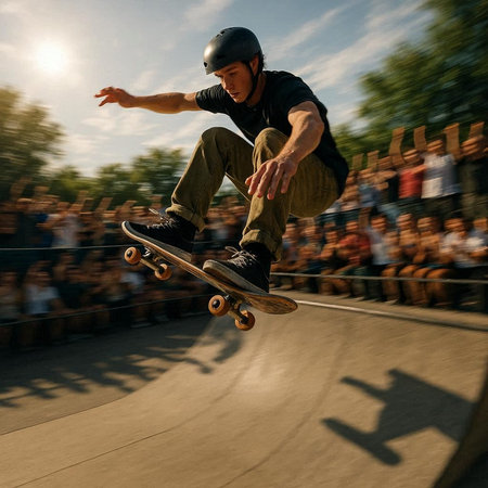 Skateboarder riding a skateboard in a skate park.