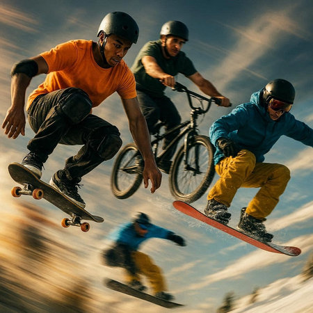 Group of young skateboarders jumping at the skatepark. Skateboarding concept.