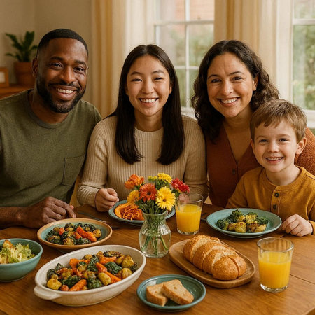 Portrait of happy family sitting at dining table and smiling at camera