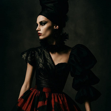Fashion shot of a beautiful woman in a black dress and a hat.
