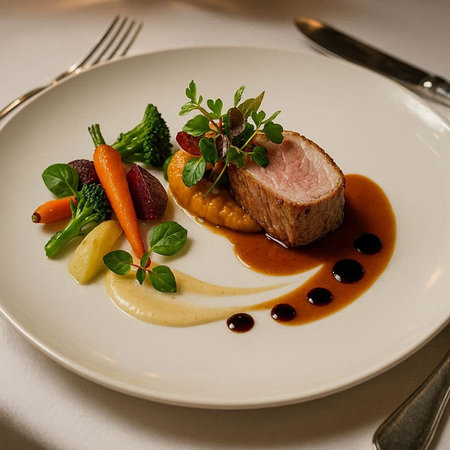Pork tenderloin with vegetables and sauce on a white plate