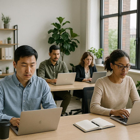 multiethnic businesspeople working on laptops in modern office with colleagues in background