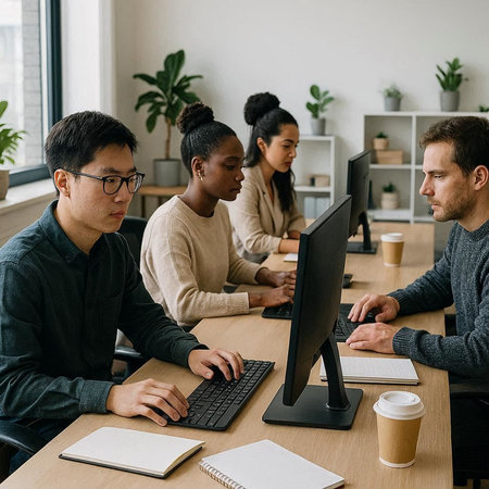 multiethnic businesspeople working on computers in office, teamwork concept