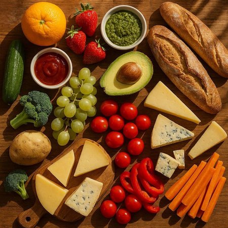 Healthy food background. Vegetables, fruits and cheese on wooden table