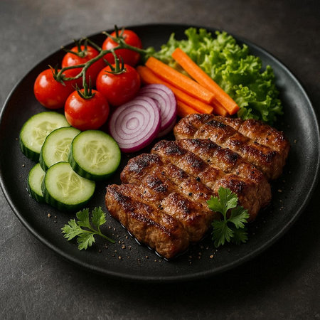 Grilled beef steak with fresh vegetables on black plate over dark stone background. Top view with...