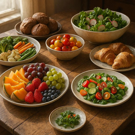 Healthy food on wooden background. Vegetables, fruits, berries and croissants.