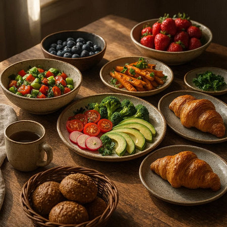Healthy breakfast with croissants, fruit and vegetables on wooden table