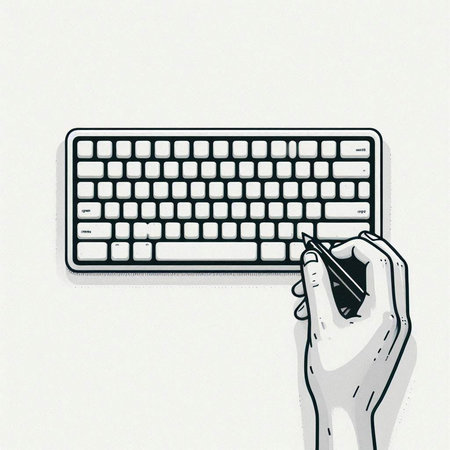 Illustration of a hand with a pen writing on a computer keyboard