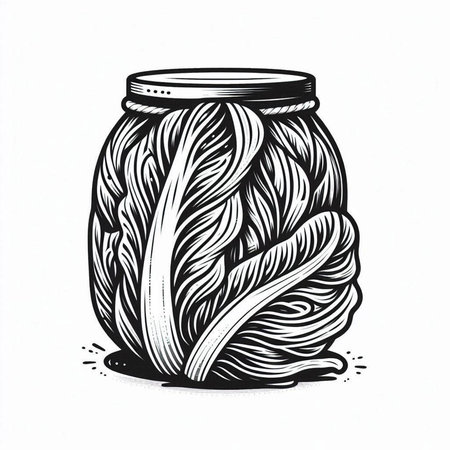 Illustration of a glass jar full of yarn in engraving style.